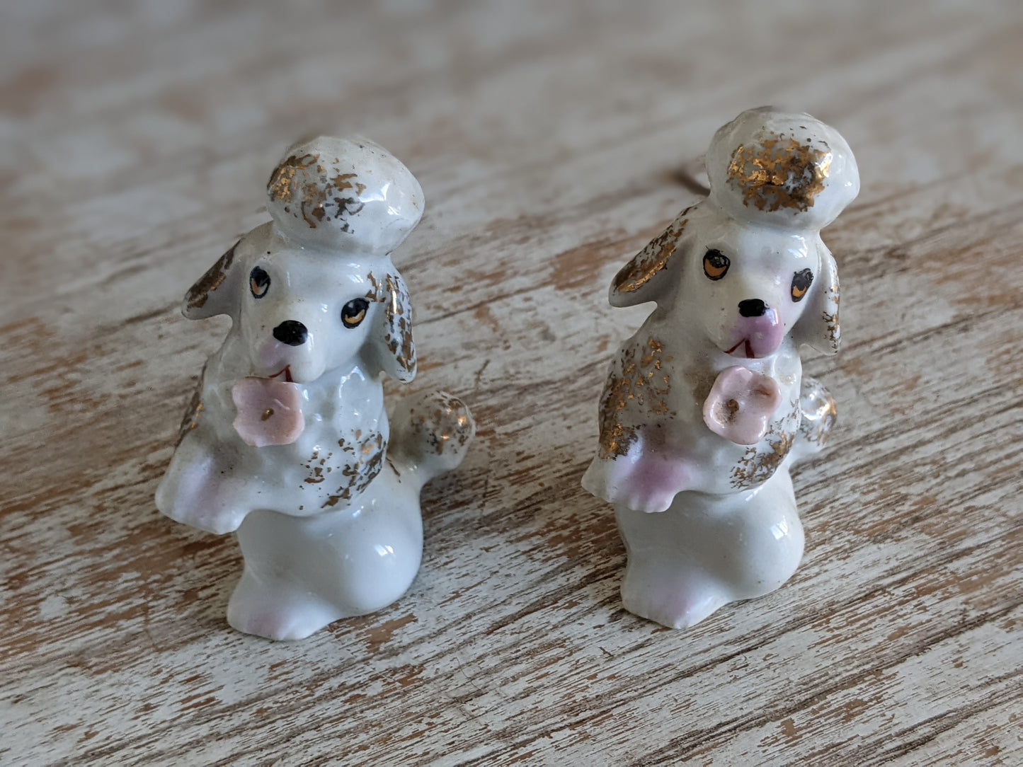 1950s Japan Porcelain Twin Poodles Applied Pink Flower & Gold Highlights **Made In Japan