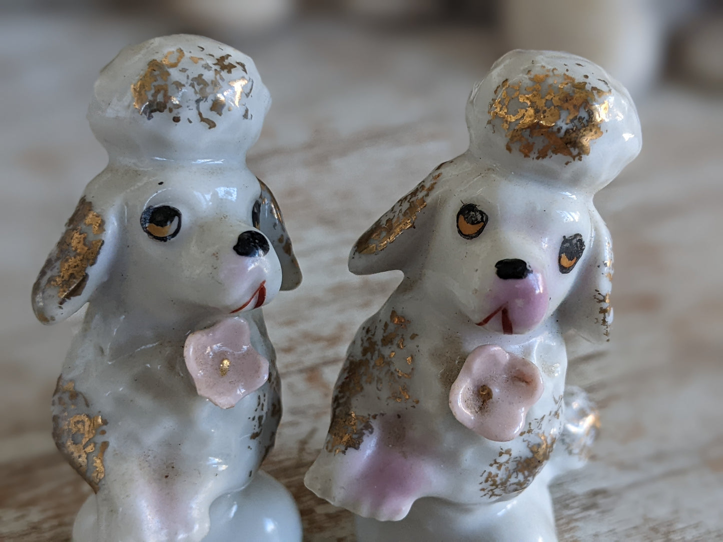 1950s Japan Porcelain Twin Poodles Applied Pink Flower & Gold Highlights **Made In Japan