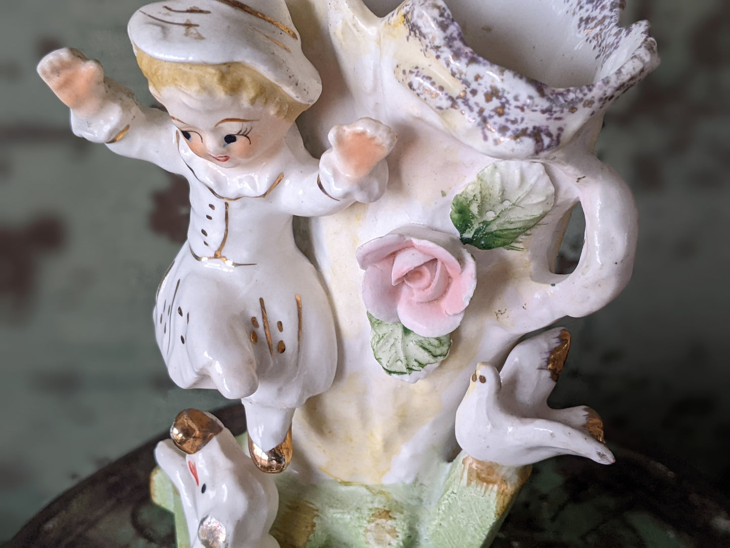 1950s Bud Vase of Child Playing w Dog **Japanese Import **Golden Shoe