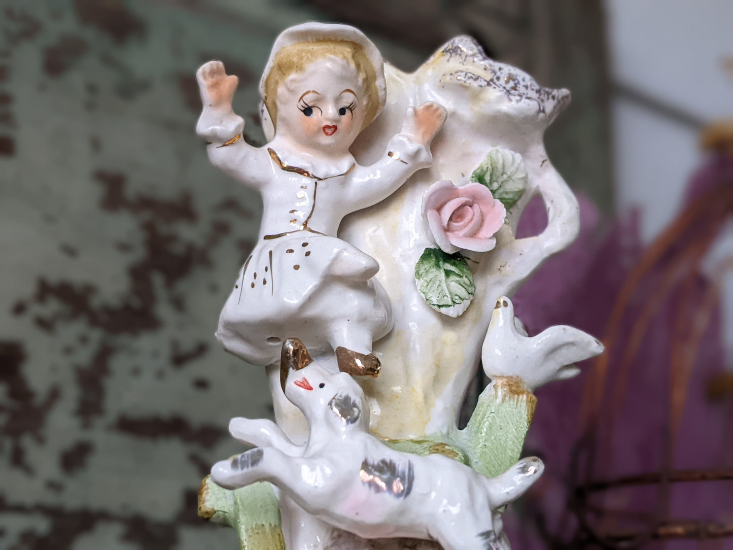 1950s Bud Vase of Child Playing w Dog **Japanese Import **Golden Shoe