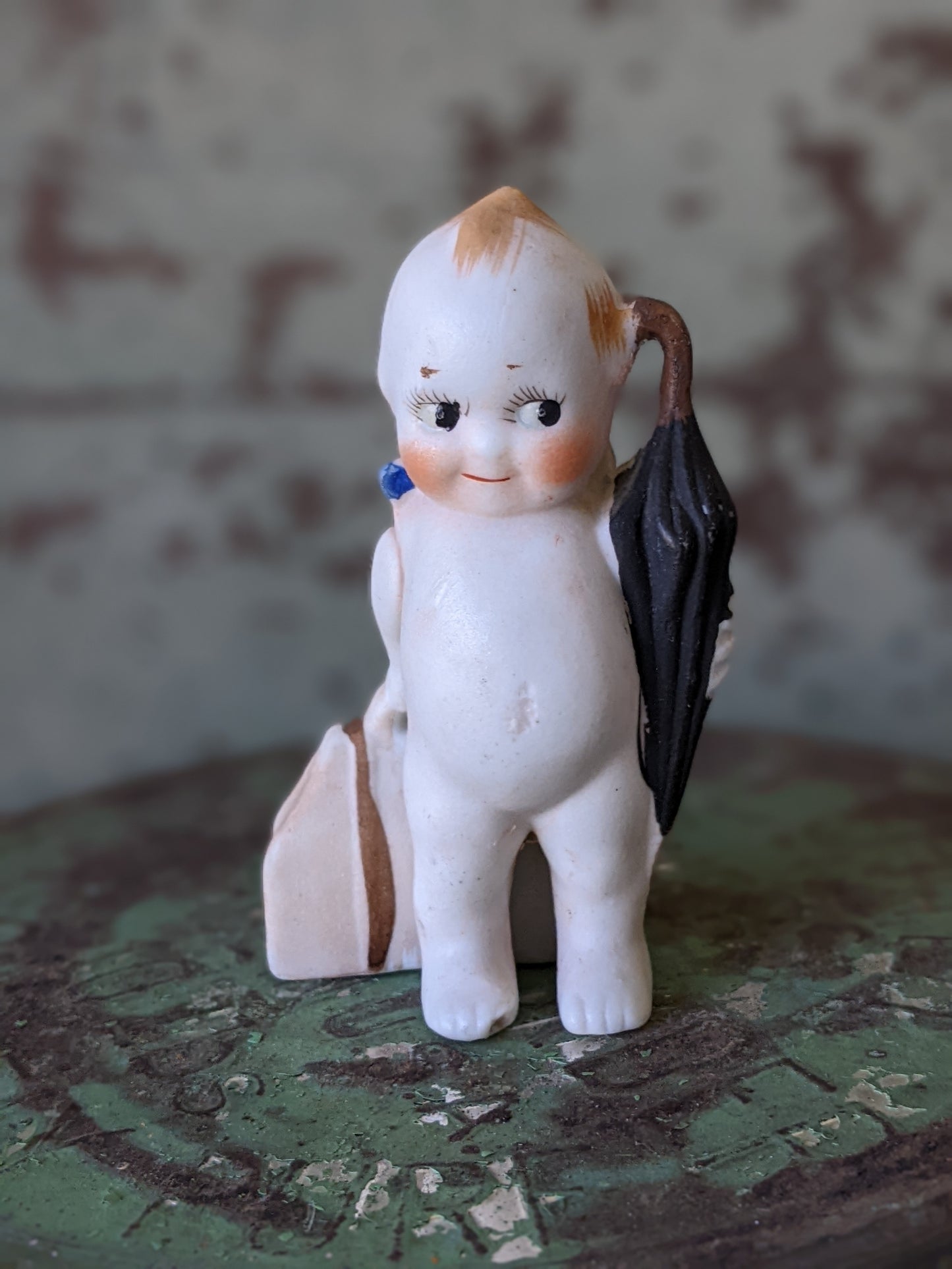 1930s Bisque Kewpie w Suitcase & Umbrella Japan **Too Cute To Travel