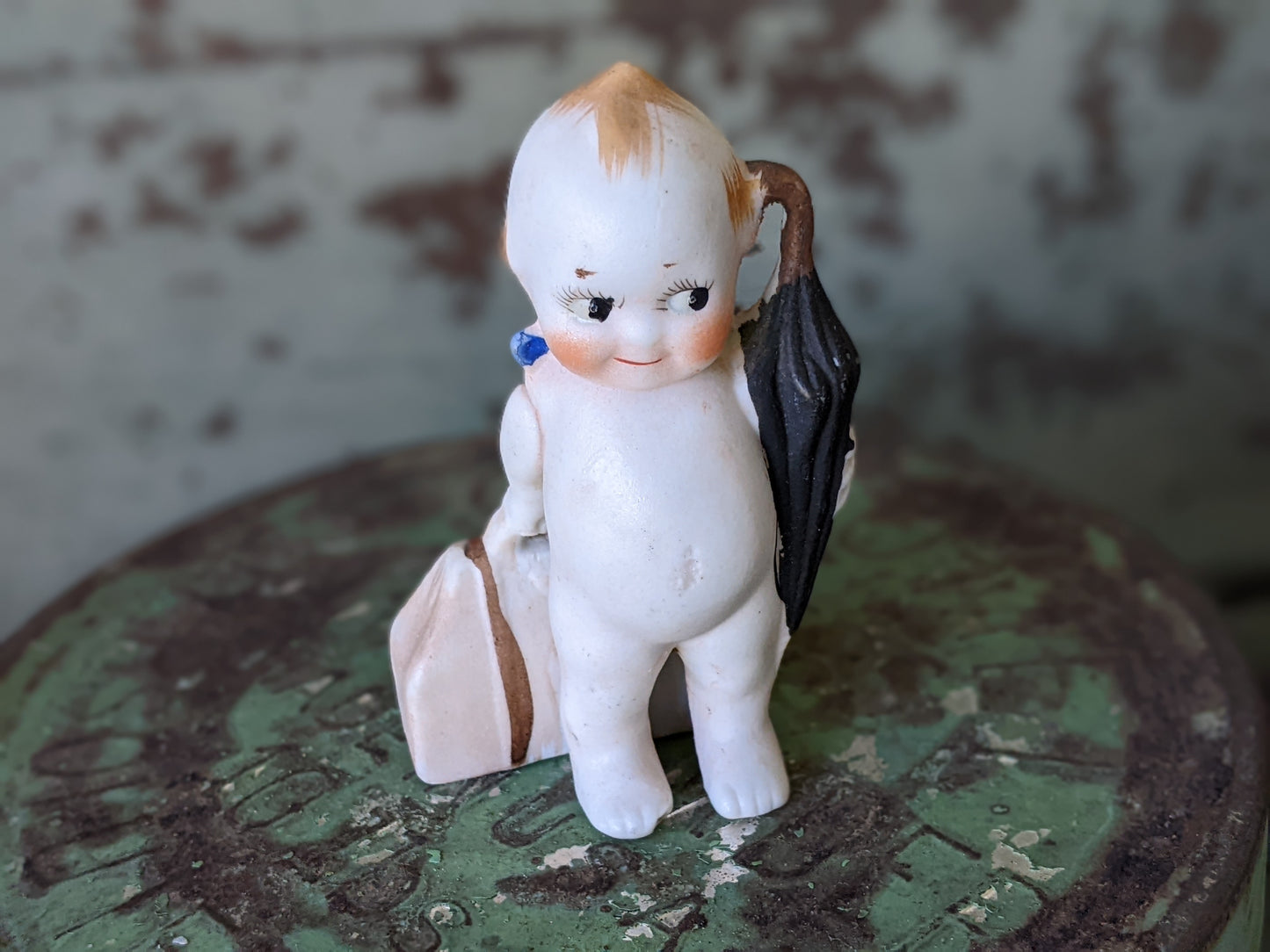 1930s Bisque Kewpie w Suitcase & Umbrella Japan **Too Cute To Travel