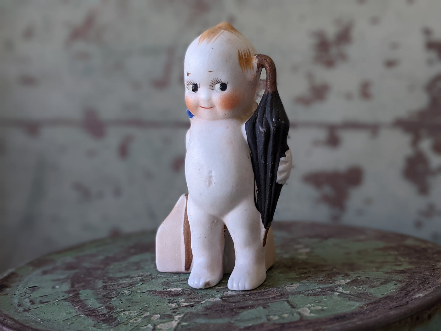 1930s Bisque Kewpie w Suitcase & Umbrella Japan **Too Cute To Travel