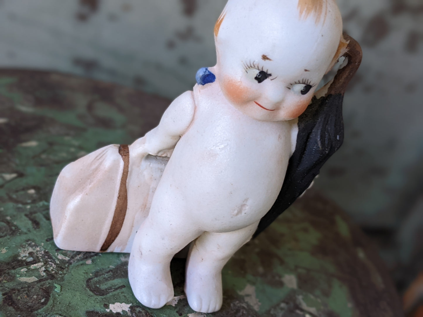 1930s Bisque Kewpie w Suitcase & Umbrella Japan **Too Cute To Travel