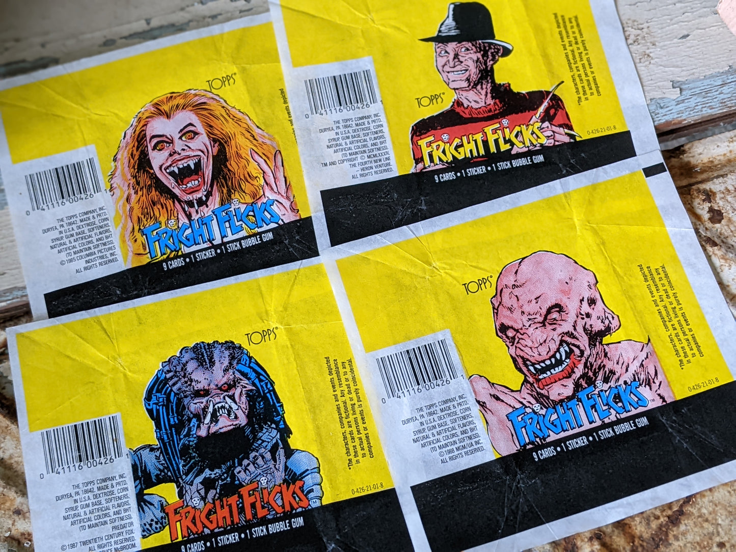 1988 Fright Flicks Ultra-Complete Collection by Topps - 90 Cards, 11 Stickers, 1 Empty Box, 4 Wax Wrappers, 1 Postcard