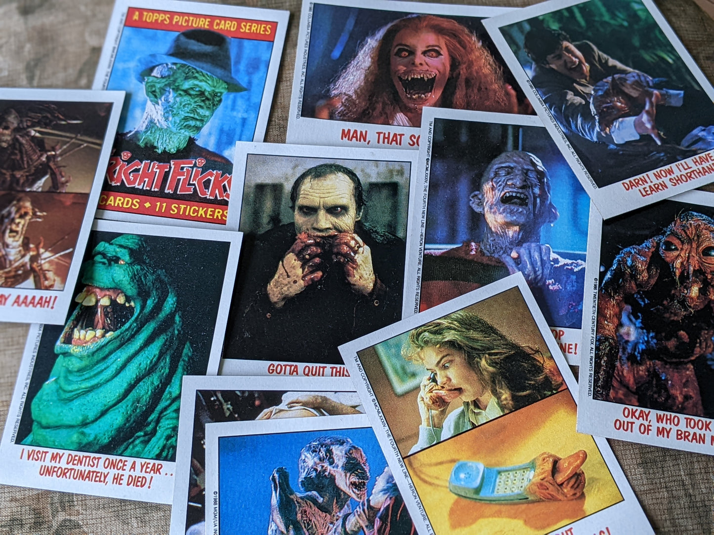 1988 Fright Flicks Ultra-Complete Collection by Topps - 90 Cards, 11 Stickers, 1 Empty Box, 4 Wax Wrappers, 1 Postcard