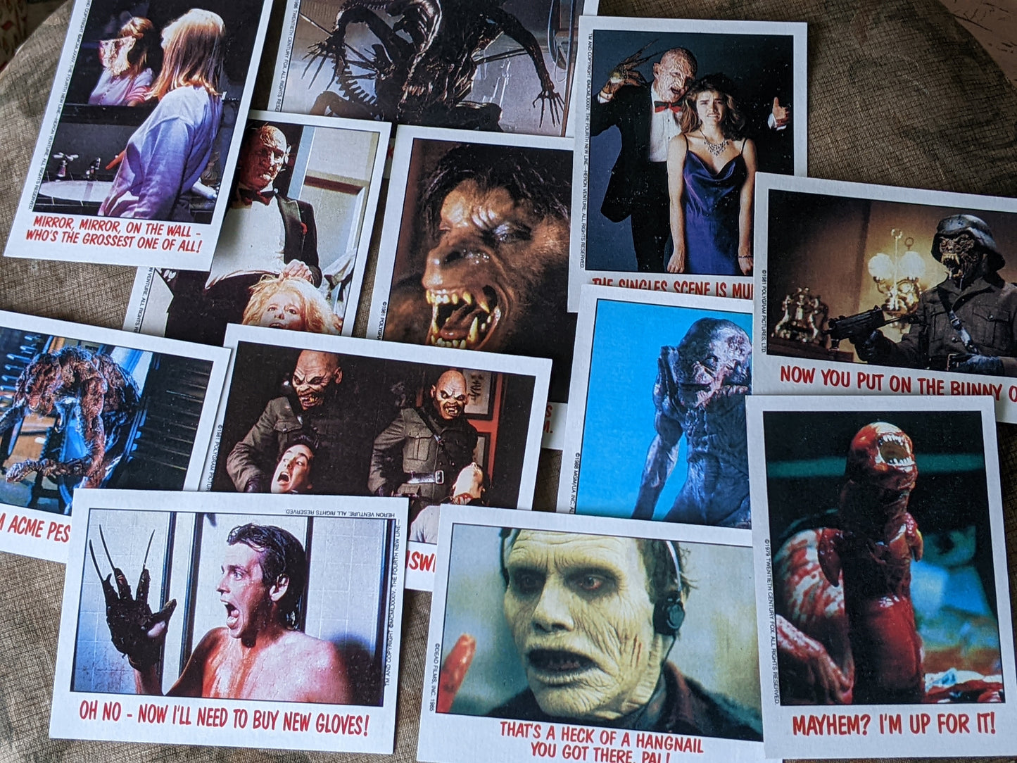 1988 Fright Flicks Ultra-Complete Collection by Topps - 90 Cards, 11 Stickers, 1 Empty Box, 4 Wax Wrappers, 1 Postcard