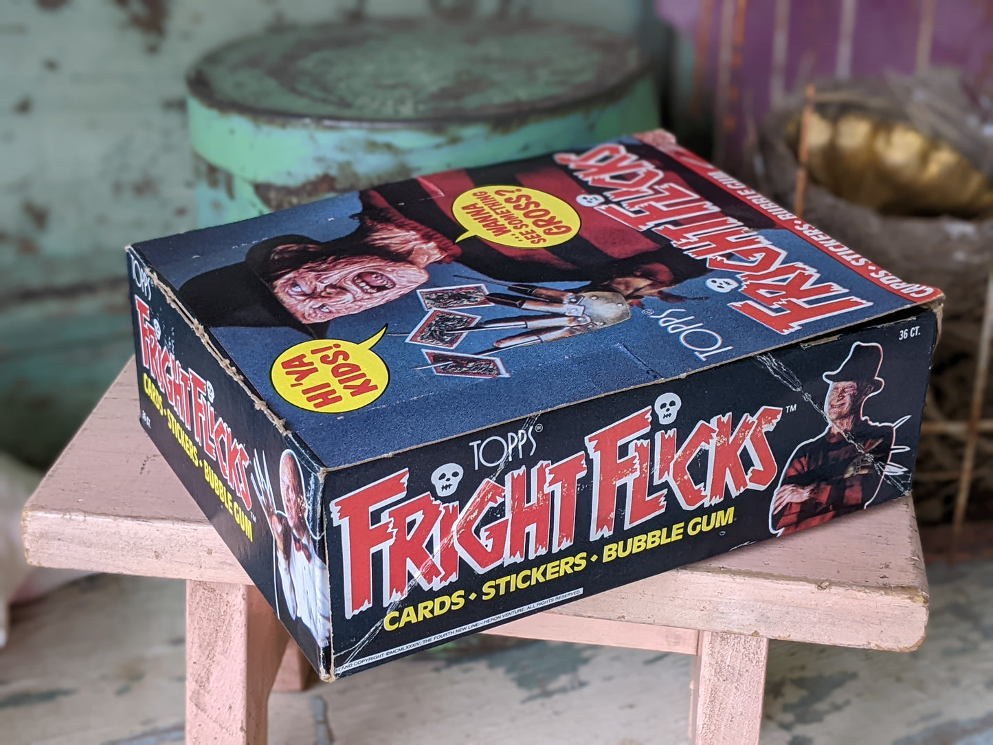 1988 Fright Flicks Ultra-Complete Collection by Topps - 90 Cards, 11 Stickers, 1 Empty Box, 4 Wax Wrappers, 1 Postcard