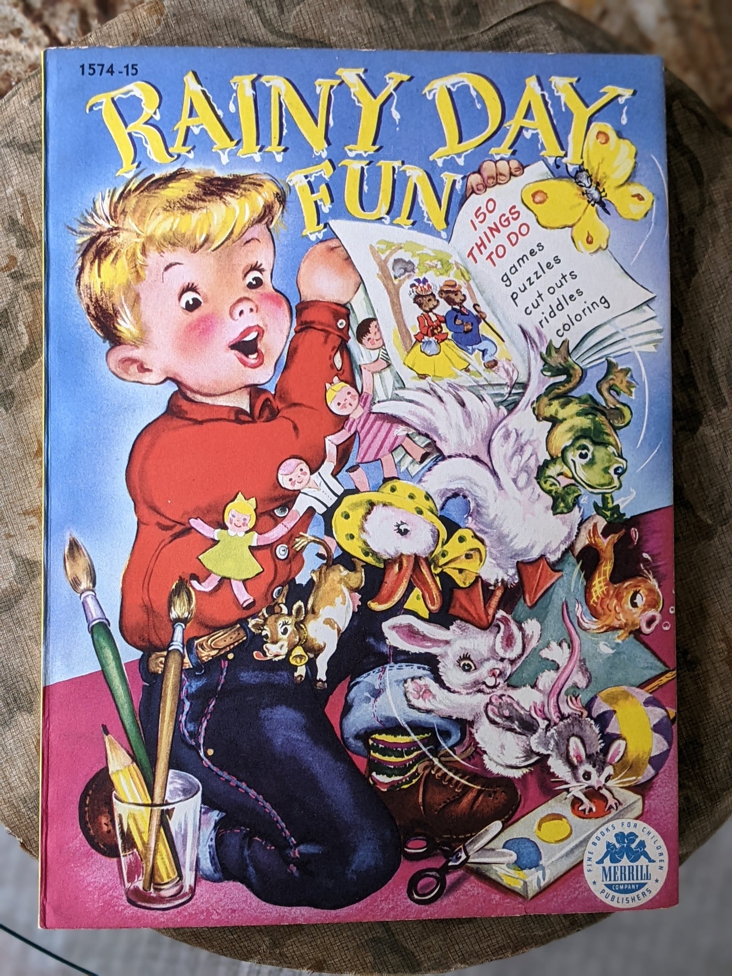 1949 Rainy Day Fun Activity Puzzles Coloring Book By Merrill #1574-15 **Amazing & Unused 48 Double-sided Pages