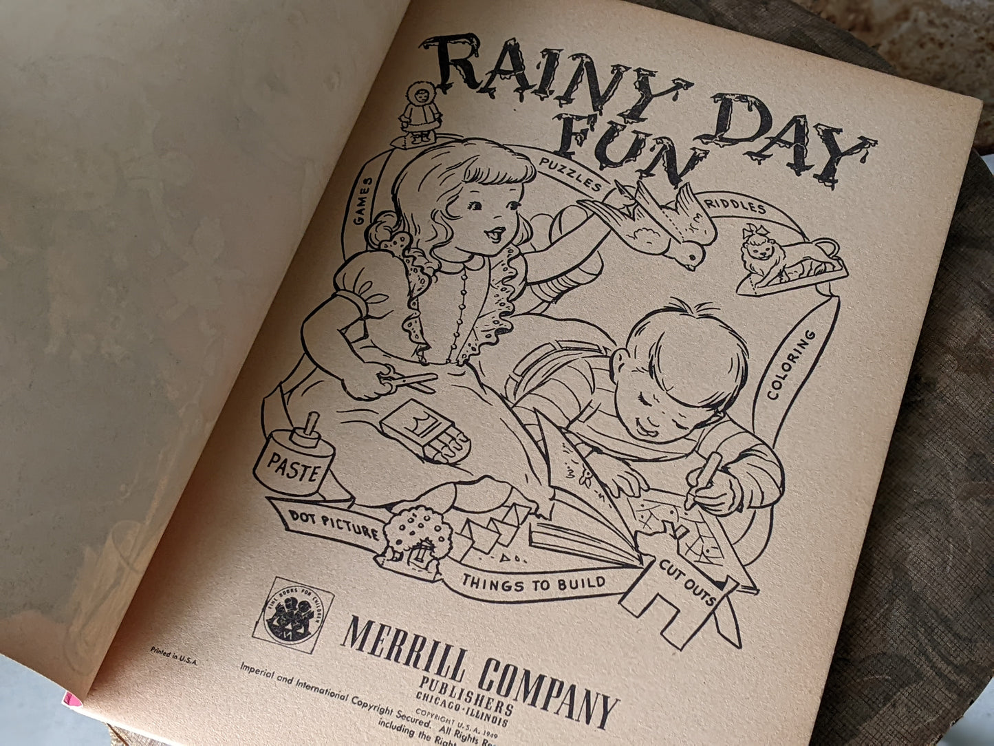 1949 Rainy Day Fun Activity Puzzles Coloring Book By Merrill #1574-15 **Amazing & Unused 48 Double-sided Pages