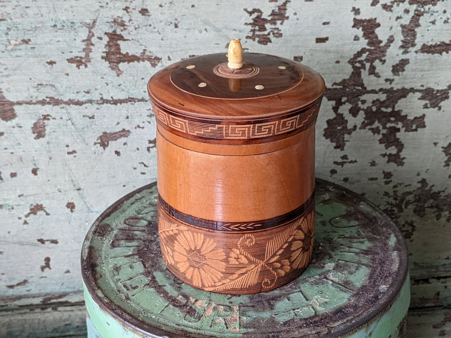 Vintage Wooden Hand Lacquered Marquetry Trinket Powder Box