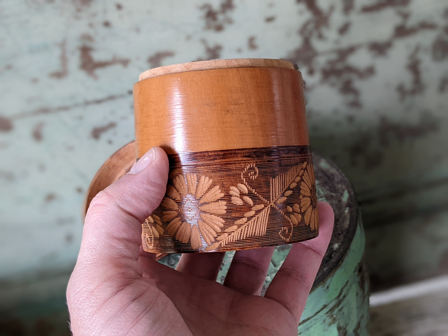 Vintage Wooden Hand Lacquered Marquetry Trinket Powder Box