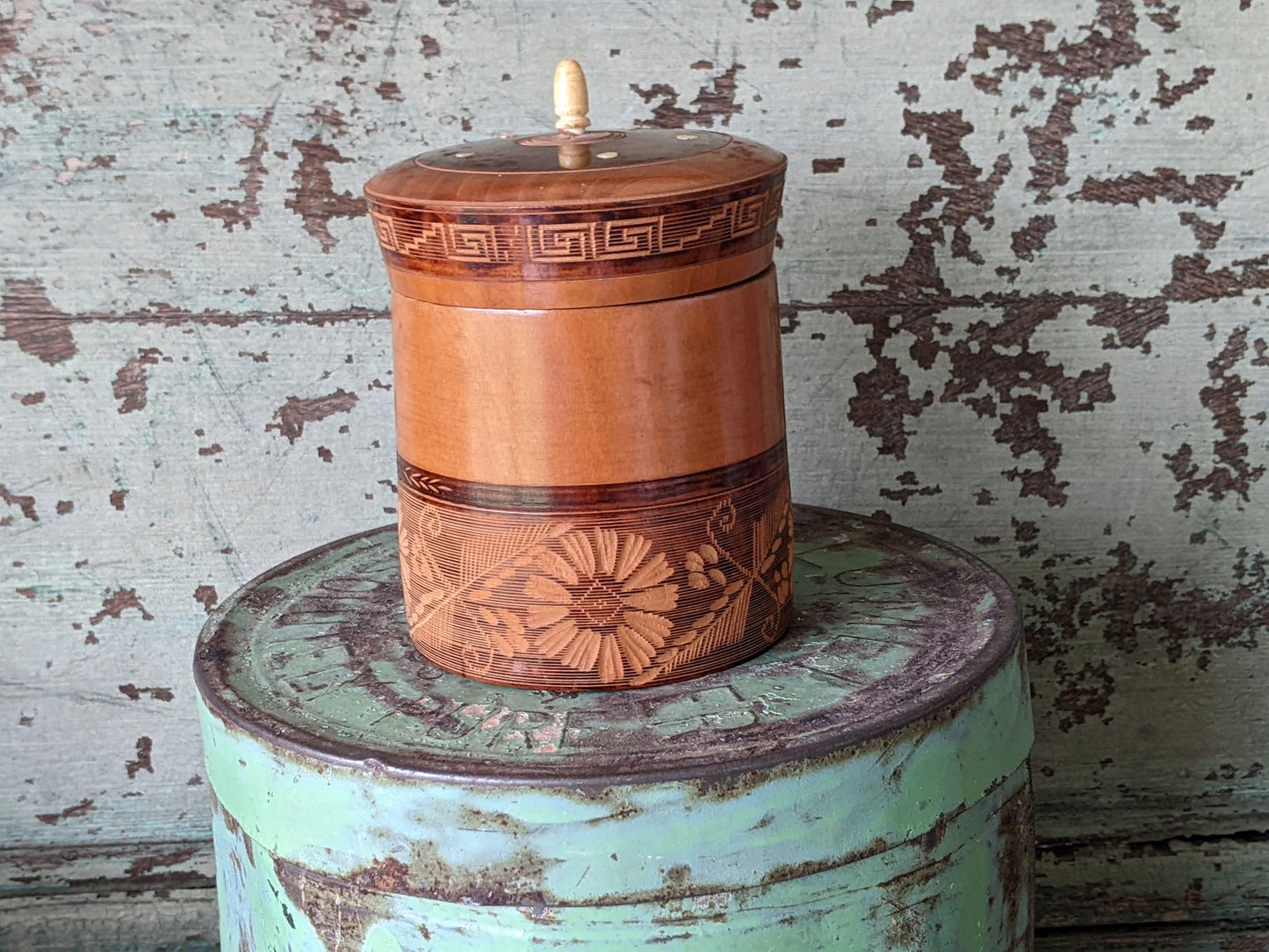 Vintage Wooden Hand Lacquered Marquetry Trinket Powder Box