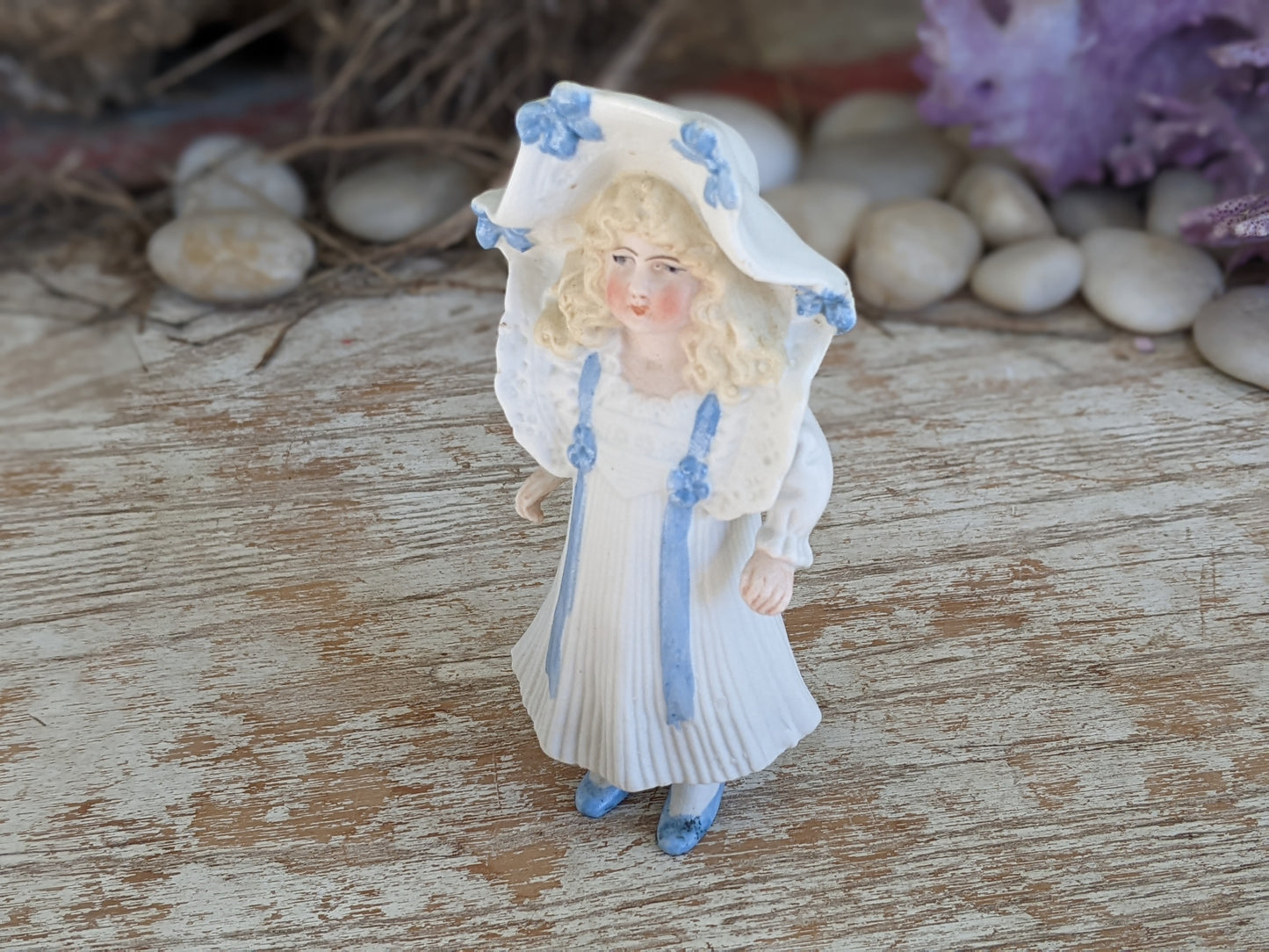 1900's Rare Bonnet Bisque Wire Jointed Doll Long Dress **Early in Rare Condition