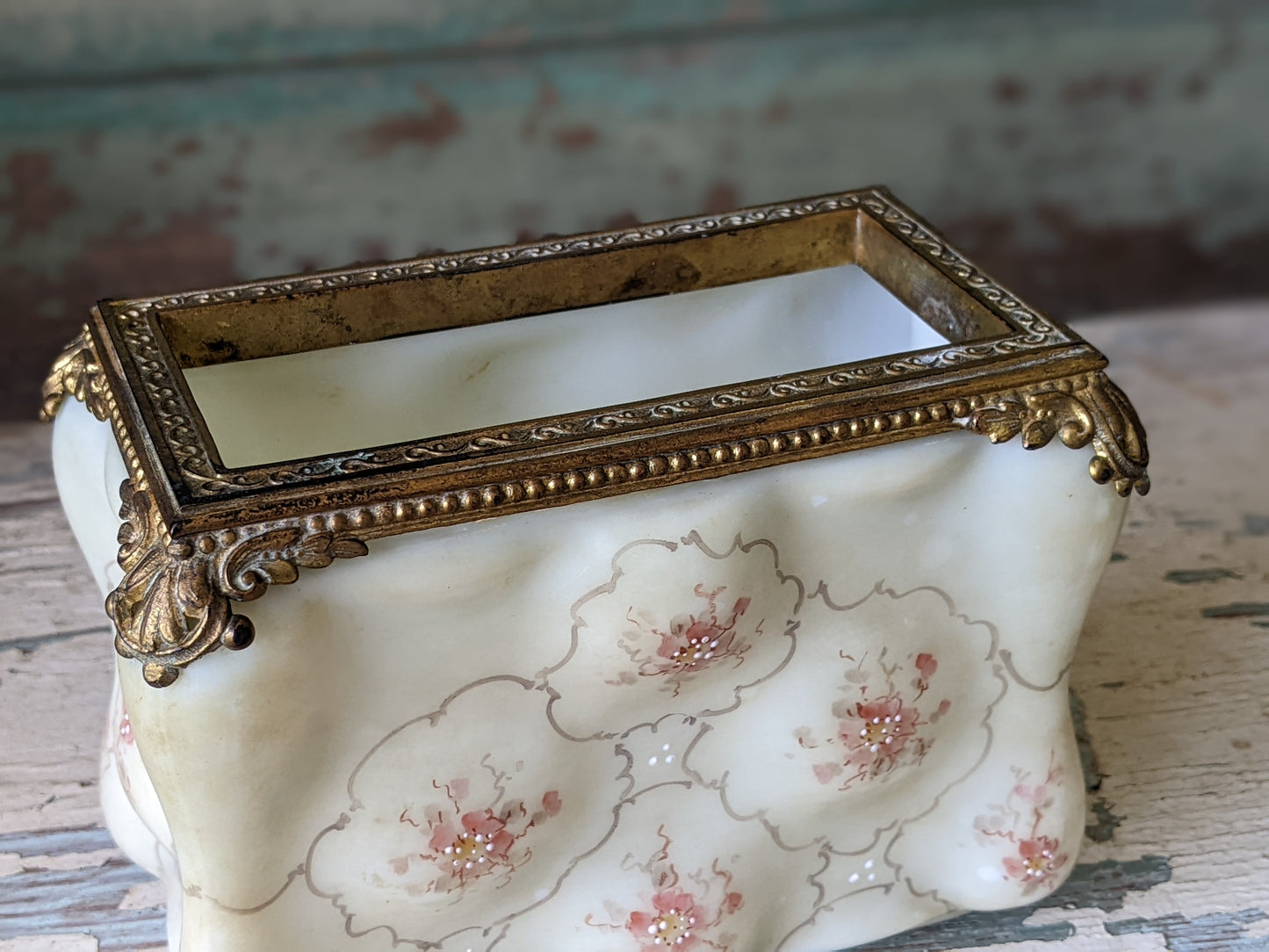1890s - 1910s C.F. Monroe Wavecrest Victorian Glass Letter Box **Hand Painted Glass & Brass