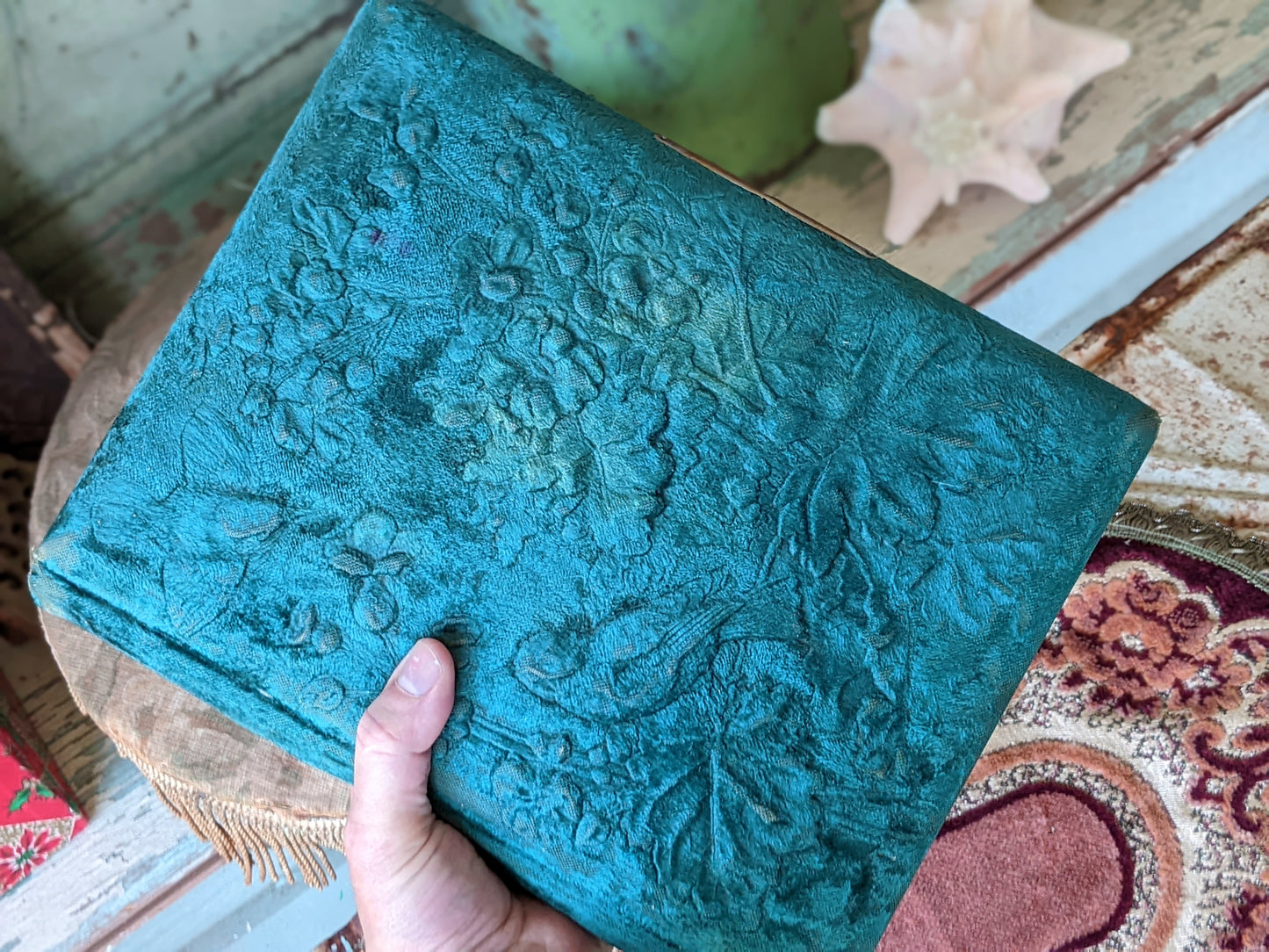 Antique Family Photo Album Teal Green Velvet Embossed Cover !! Historical Vintage Gifts !! Beautiful Gift Ideas !!