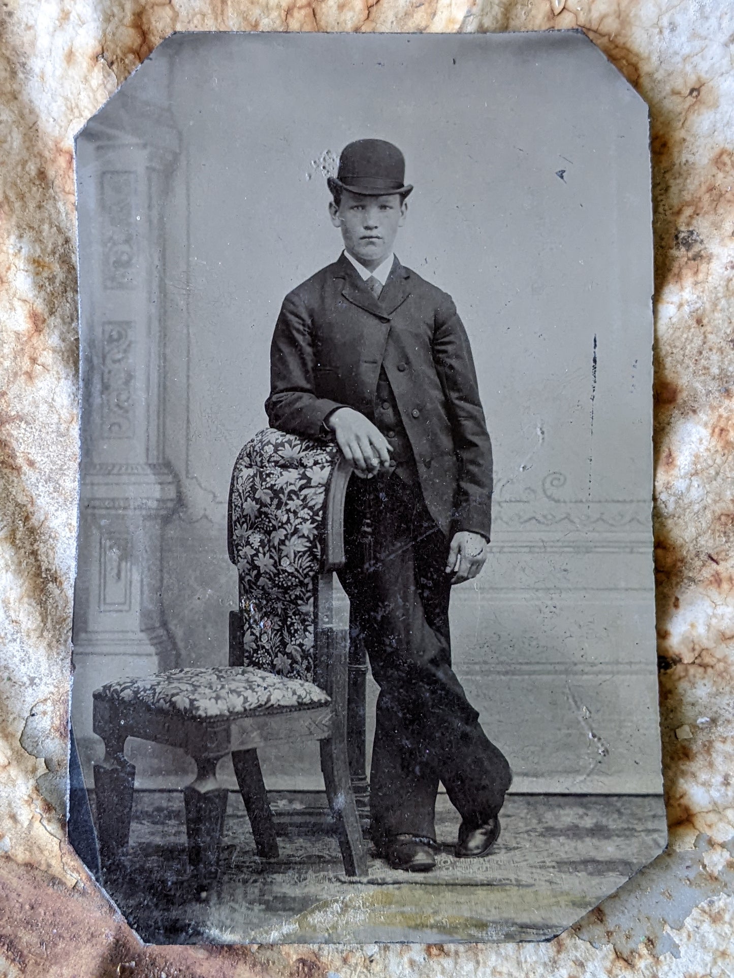 Vintage Tintype Studio Portrait Young Man Bolo Hat