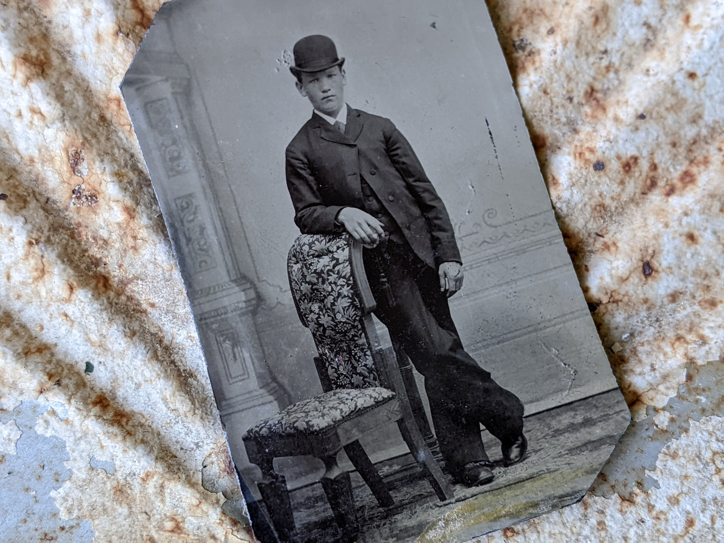 Vintage Tintype Studio Portrait Young Man Bolo Hat