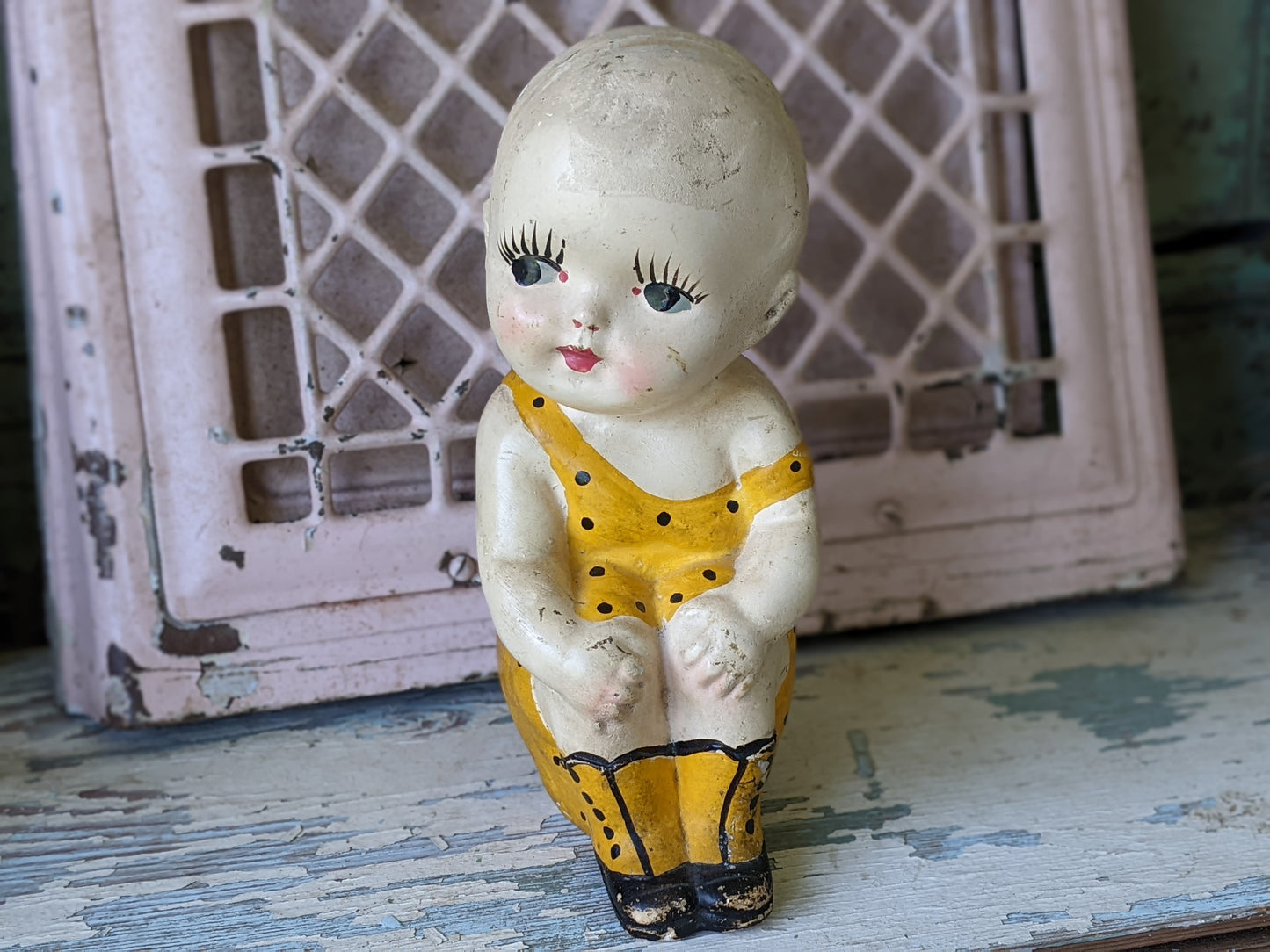 1926 **Rare Original Chalkware Girl Sun Dress & Boots State Fair Yellow Orange