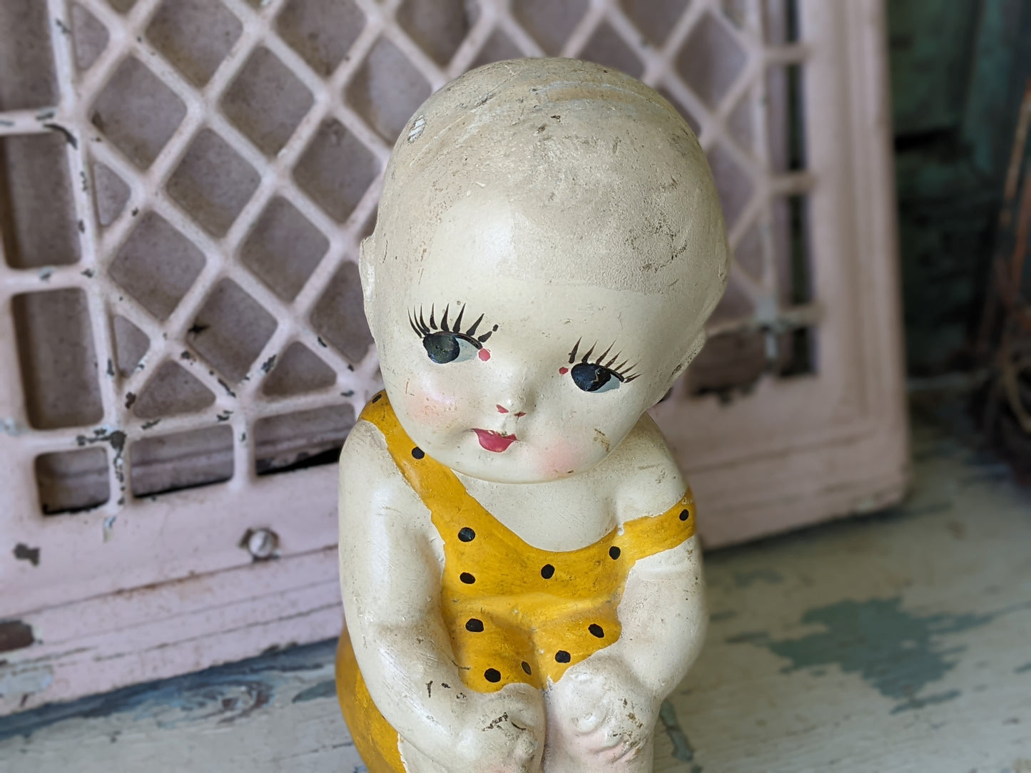 1926 **Rare Original Chalkware Girl Sun Dress & Boots State Fair Yellow Orange