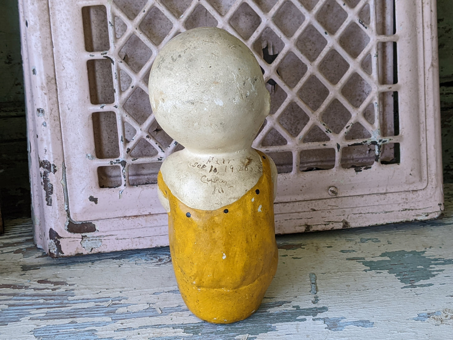 1926 **Rare Original Chalkware Girl Sun Dress & Boots State Fair Yellow Orange