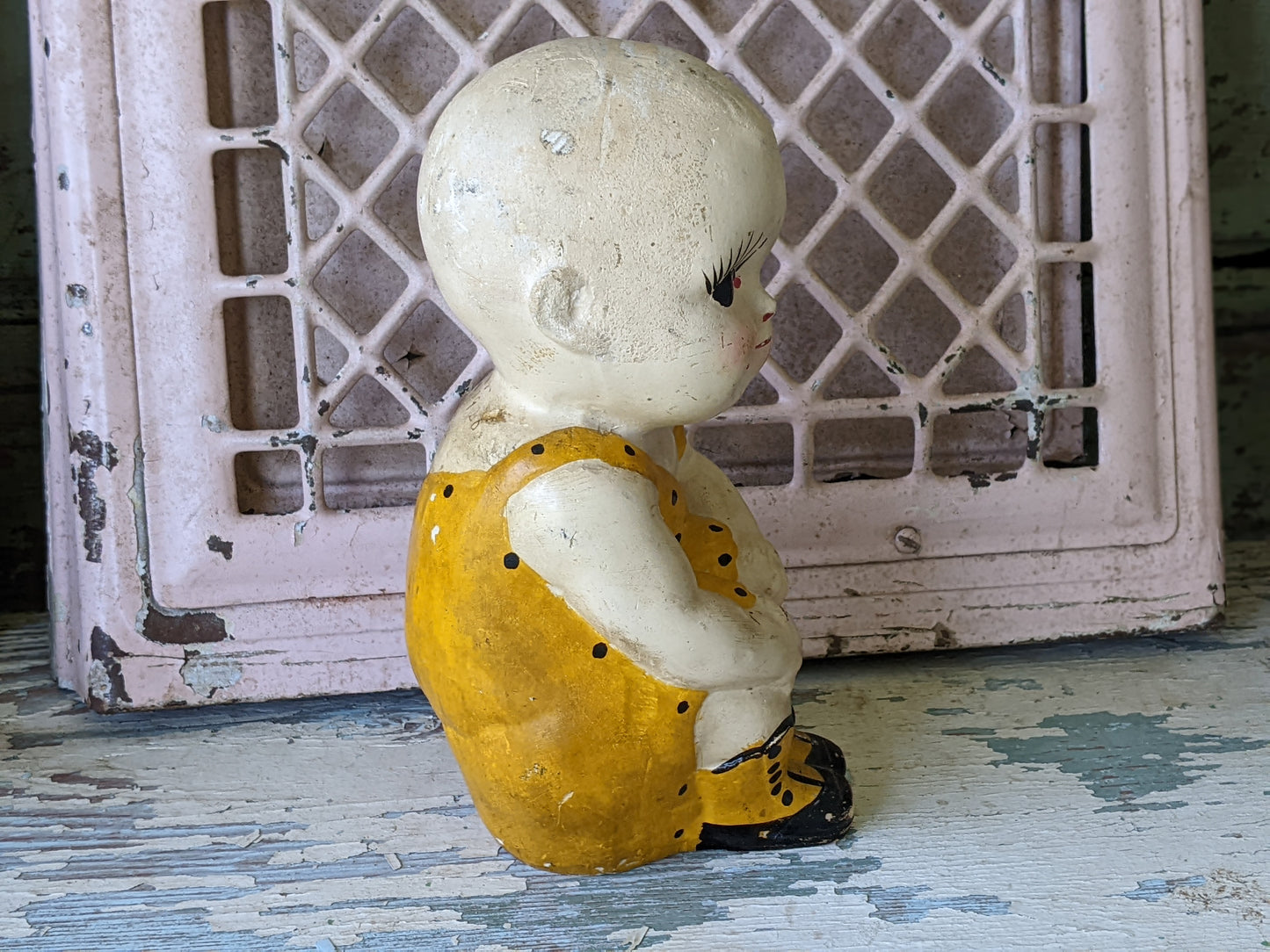 1926 **Rare Original Chalkware Girl Sun Dress & Boots State Fair Yellow Orange