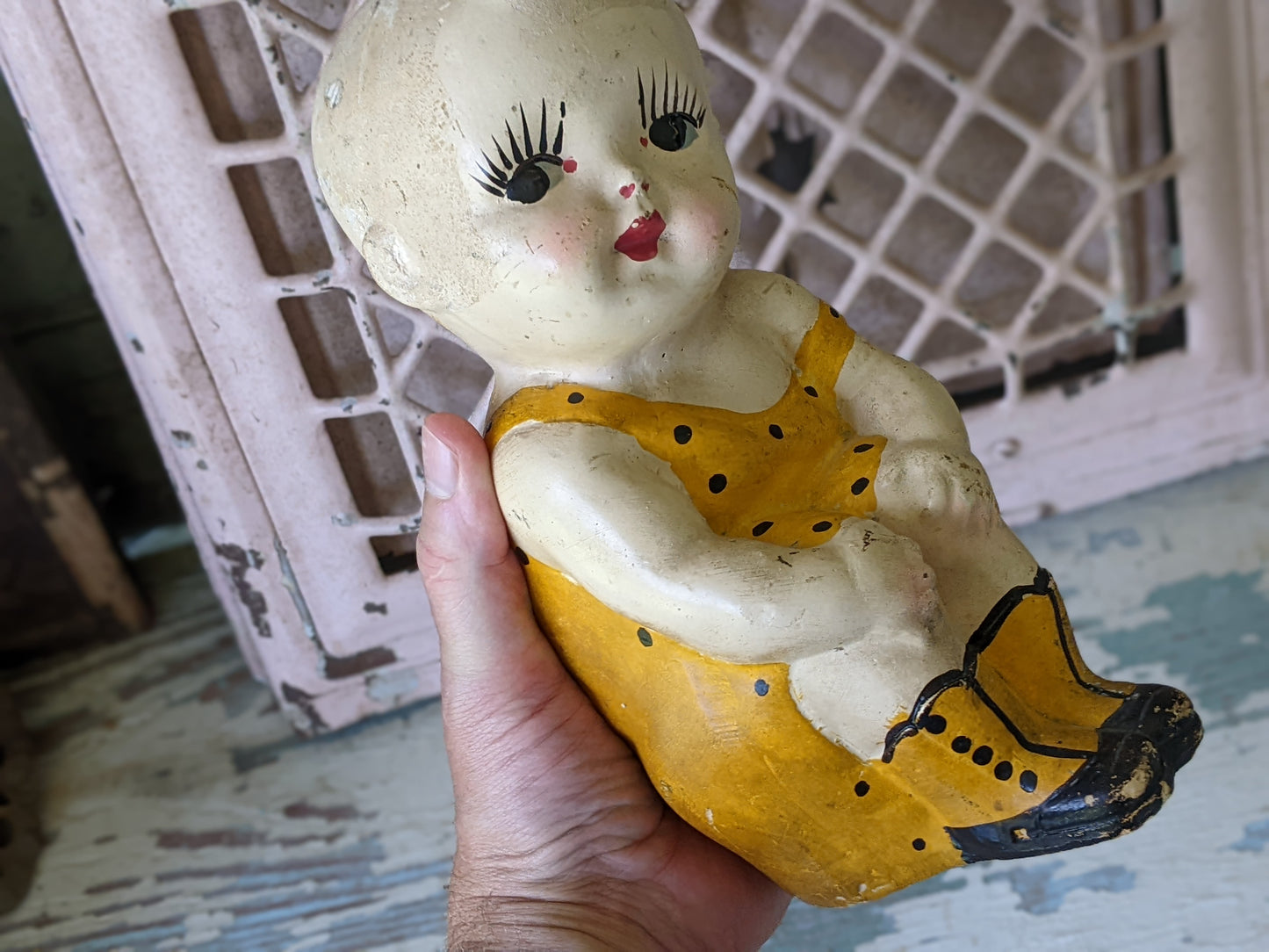 1926 **Rare Original Chalkware Girl Sun Dress & Boots State Fair Yellow Orange