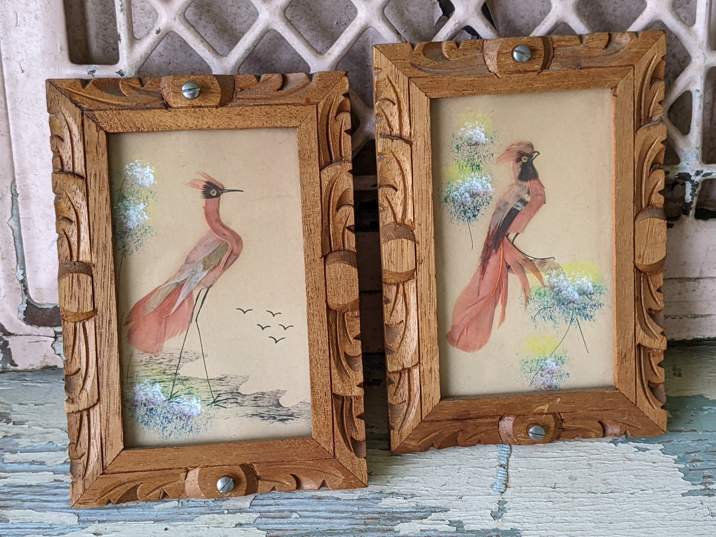1940s One-Of-A-Kind Set of Mini Feathercraft Paintings w Hand Carved Cedar Picture Frame **Mexico / Spain