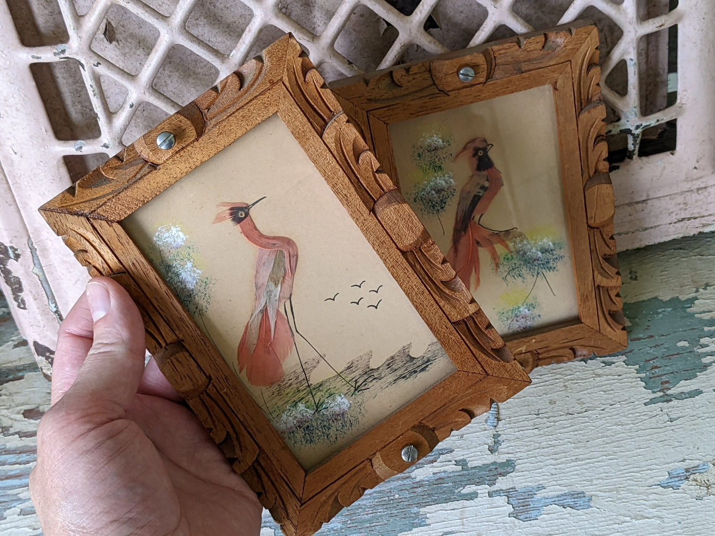 1940s One-Of-A-Kind Set of Mini Feathercraft Paintings w Hand Carved Cedar Picture Frame **Mexico / Spain