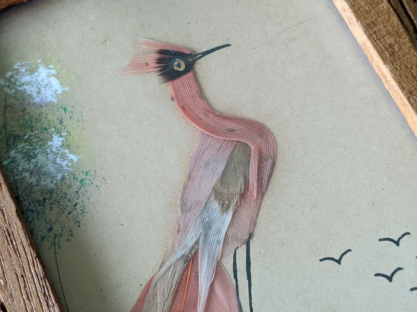 1940s One-Of-A-Kind Set of Mini Feathercraft Paintings w Hand Carved Cedar Picture Frame **Mexico / Spain