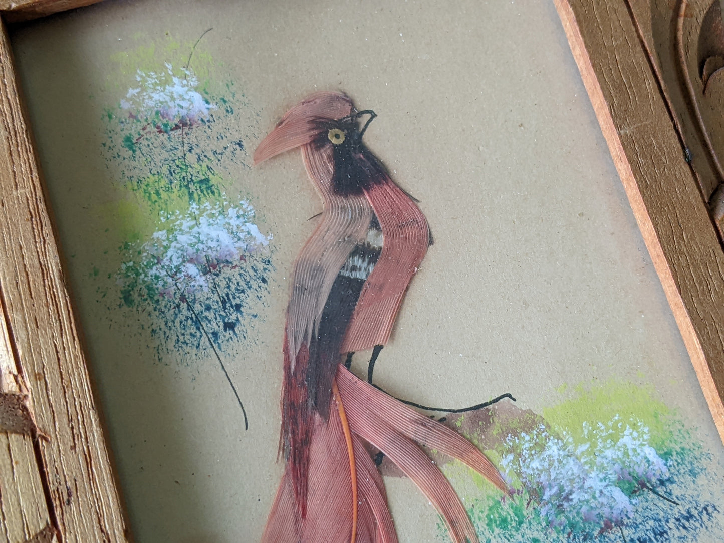 1940s One-Of-A-Kind Set of Mini Feathercraft Paintings w Hand Carved Cedar Picture Frame **Mexico / Spain