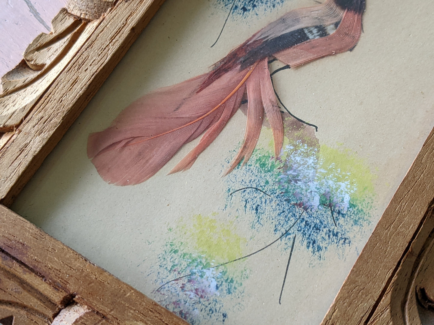 1940s One-Of-A-Kind Set of Mini Feathercraft Paintings w Hand Carved Cedar Picture Frame **Mexico / Spain