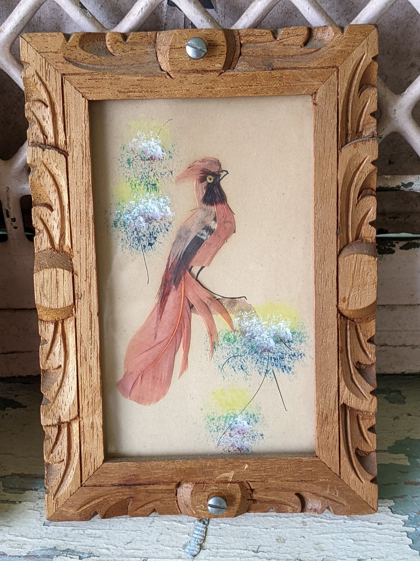 1940s One-Of-A-Kind Set of Mini Feathercraft Paintings w Hand Carved Cedar Picture Frame **Mexico / Spain