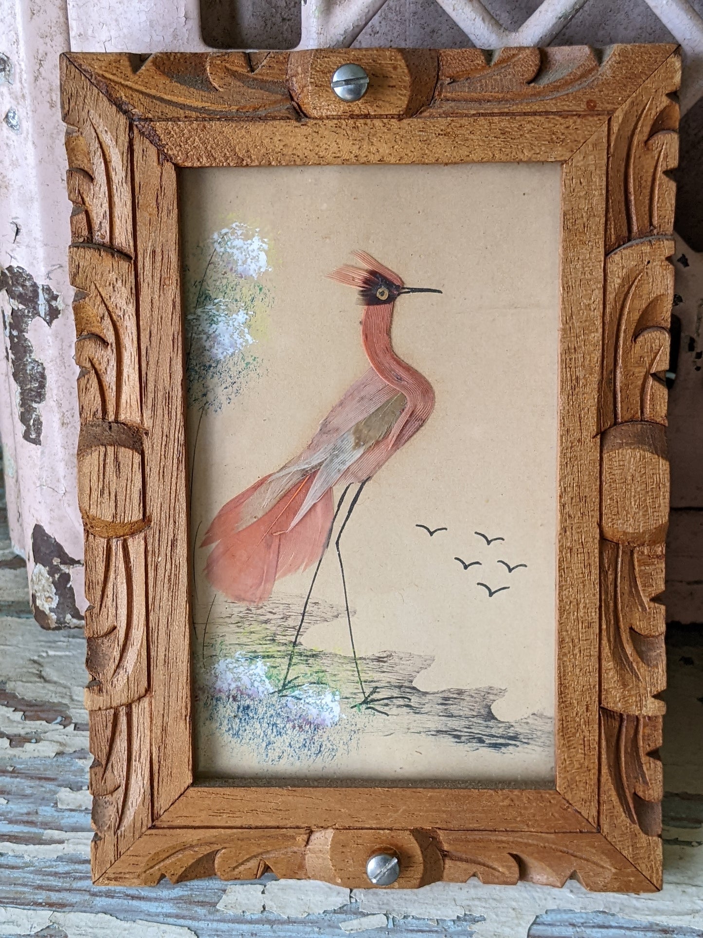 1940s One-Of-A-Kind Set of Mini Feathercraft Paintings w Hand Carved Cedar Picture Frame **Mexico / Spain