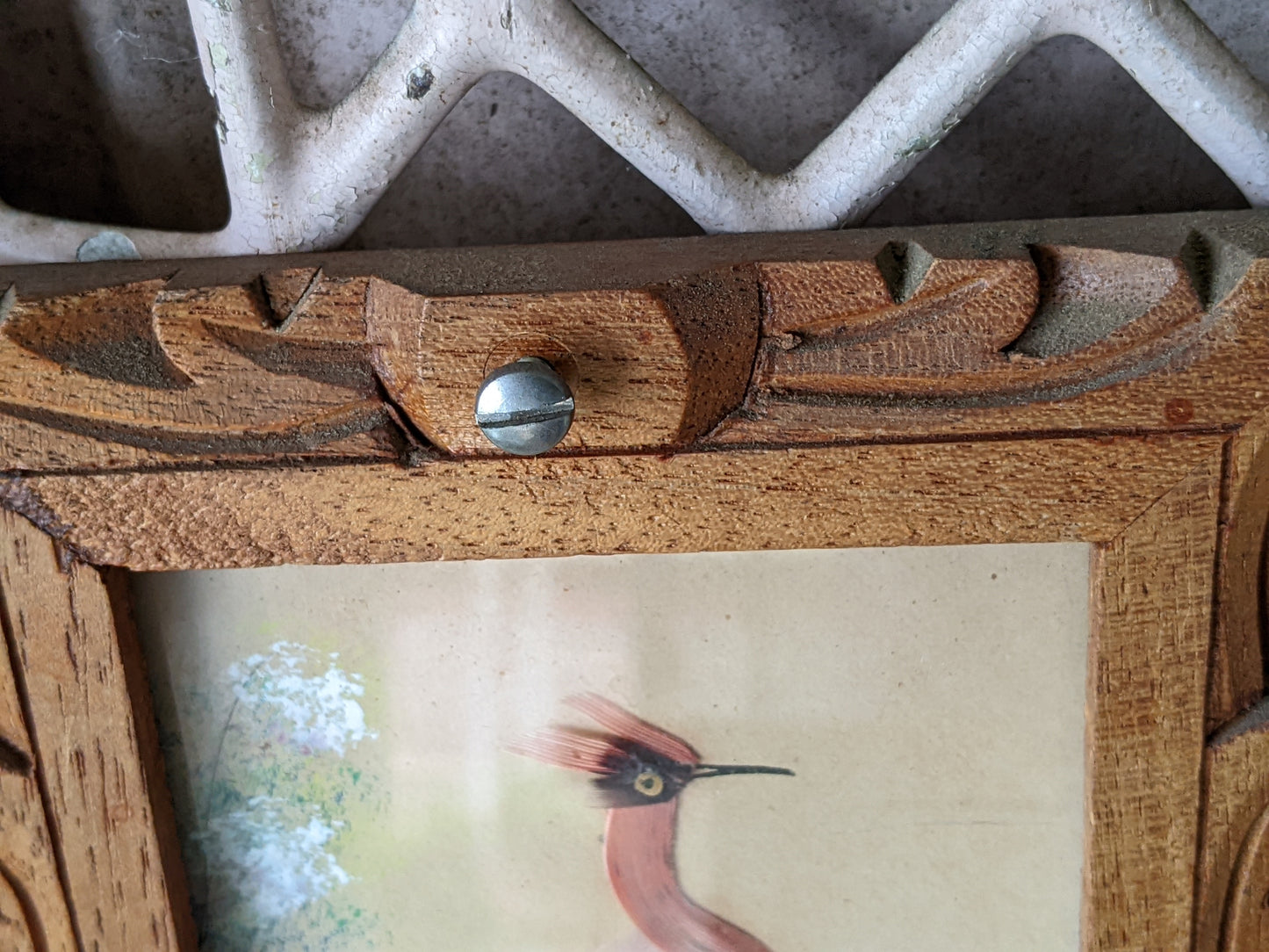 1940s One-Of-A-Kind Set of Mini Feathercraft Paintings w Hand Carved Cedar Picture Frame **Mexico / Spain