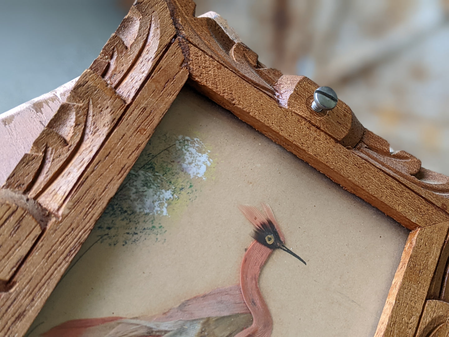 1940s One-Of-A-Kind Set of Mini Feathercraft Paintings w Hand Carved Cedar Picture Frame **Mexico / Spain