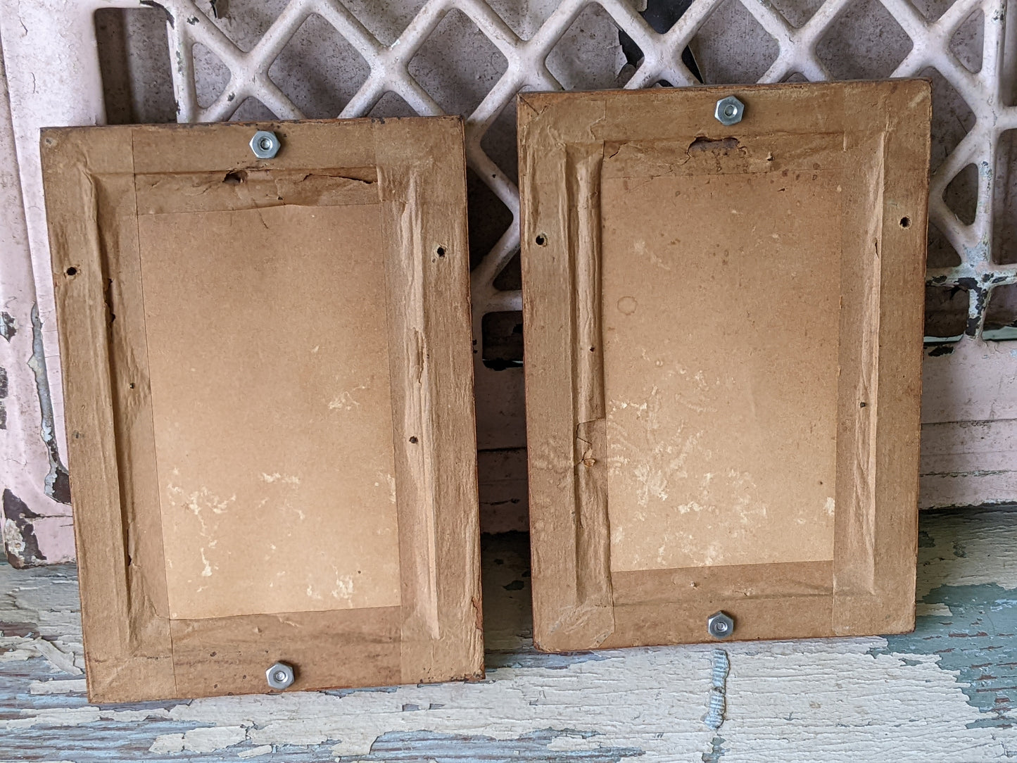 1940s One-Of-A-Kind Set of Mini Feathercraft Paintings w Hand Carved Cedar Picture Frame **Mexico / Spain