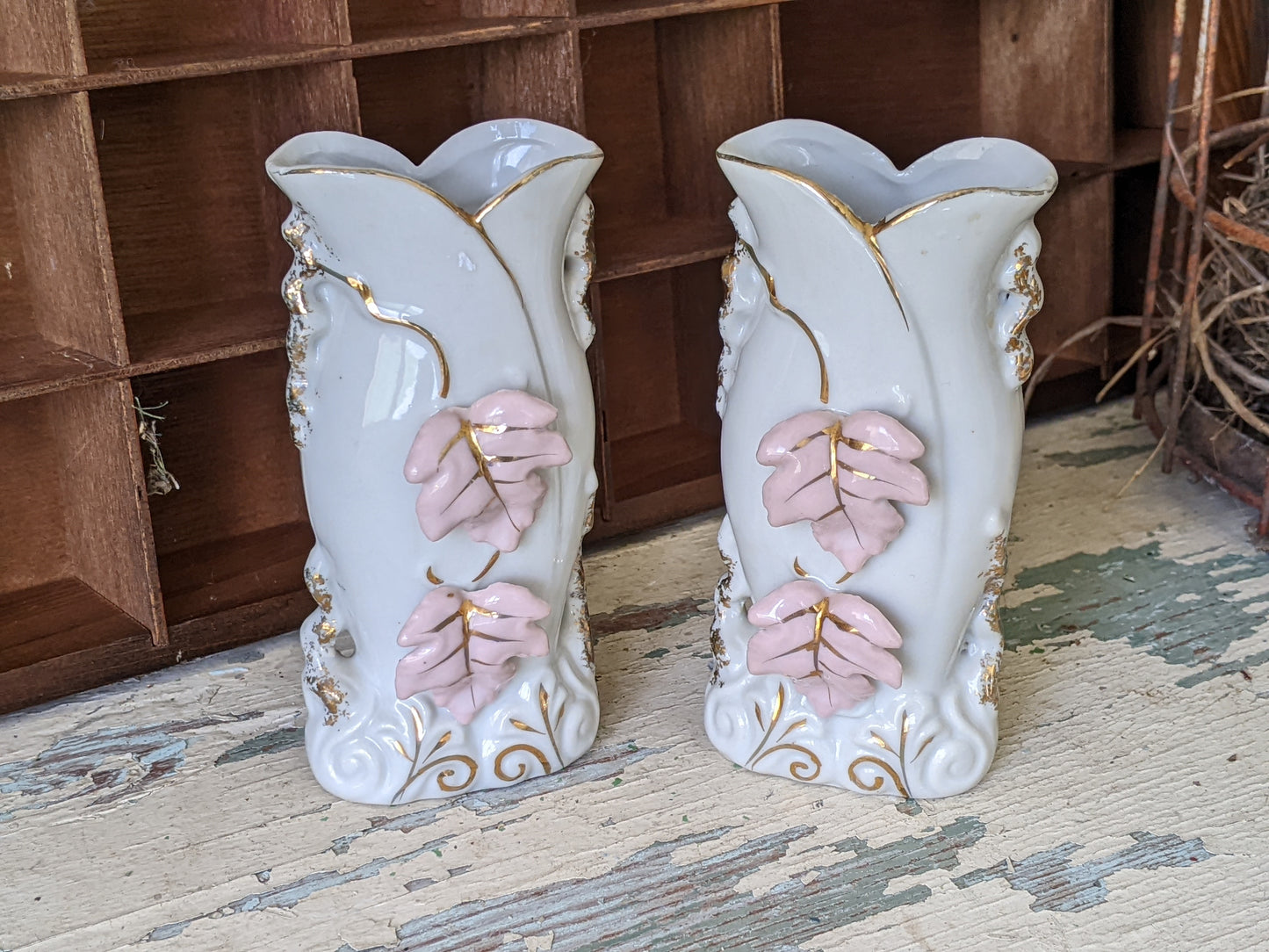 1940s Bud Vases Small Twin Set Pink Leaves Gold Highlights **A Thoughtful Gift