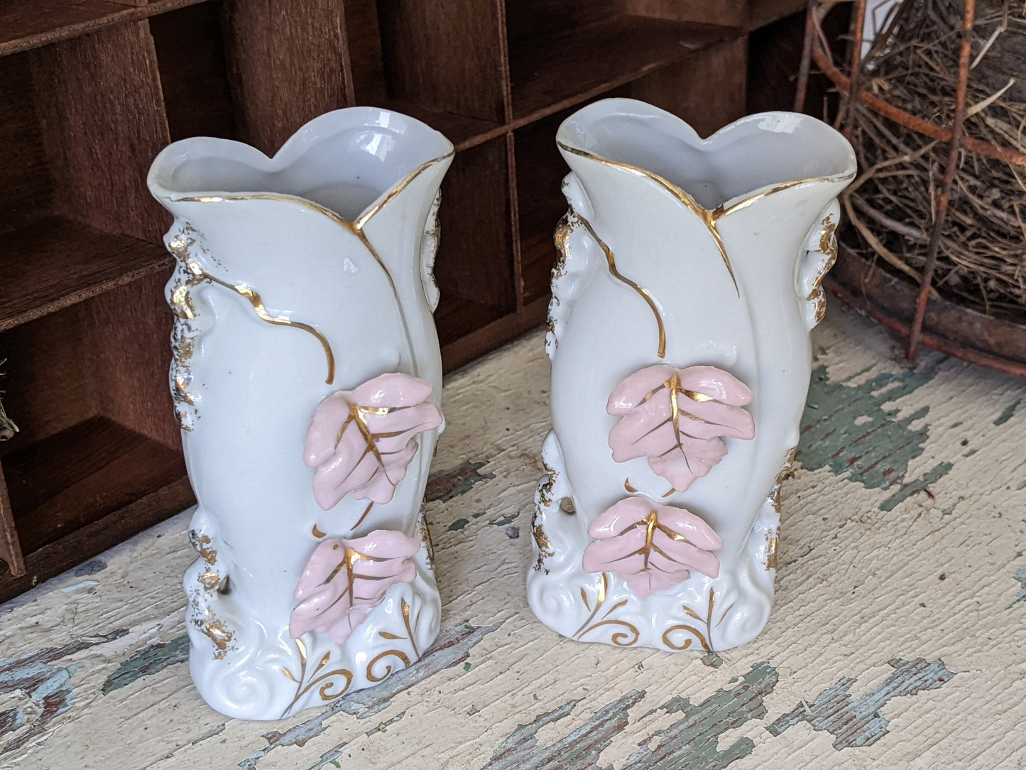 1940s Bud Vases Small Twin Set Pink Leaves Gold Highlights **A Thoughtful Gift