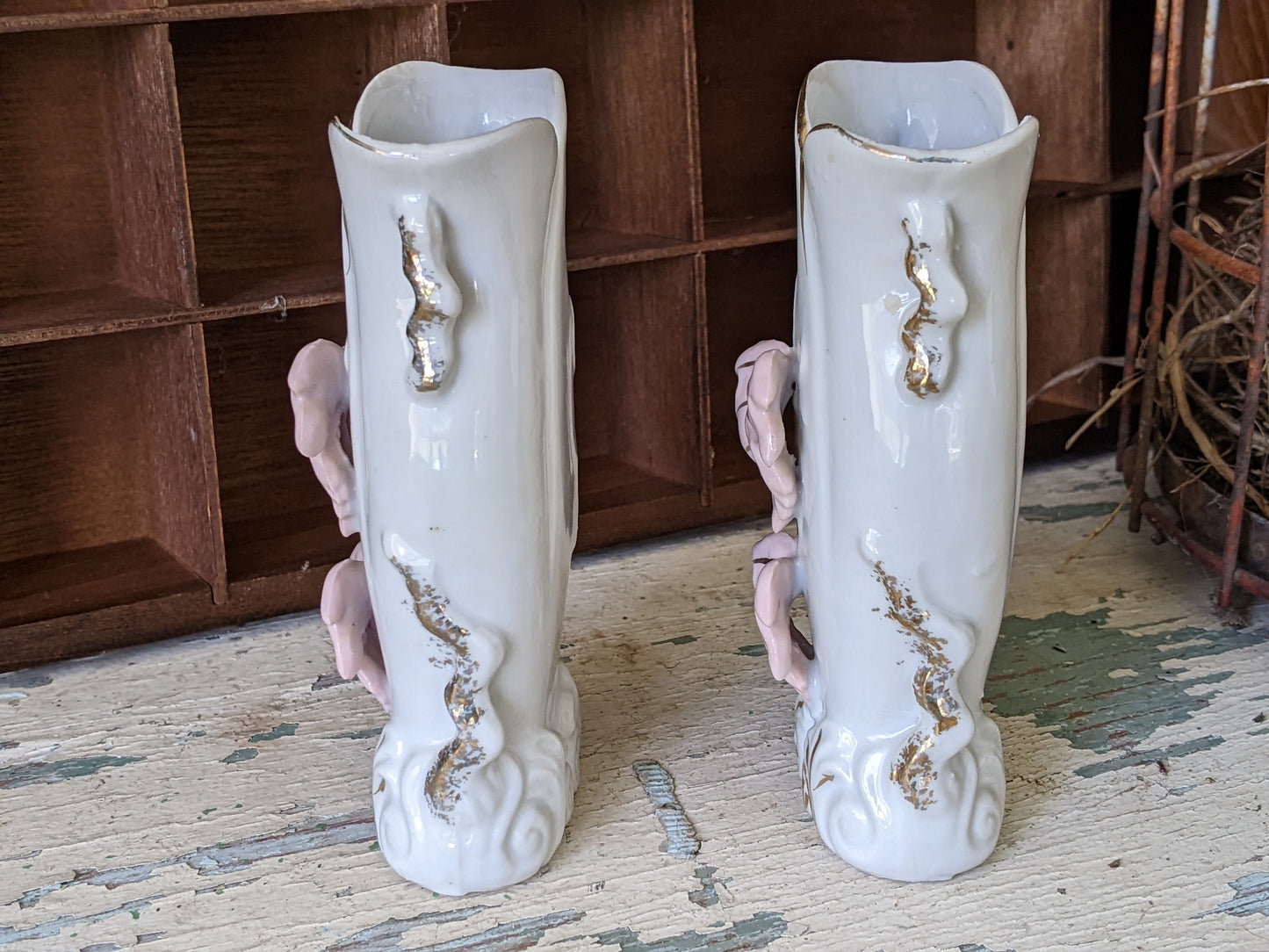 1940s Bud Vases Small Twin Set Pink Leaves Gold Highlights **A Thoughtful Gift