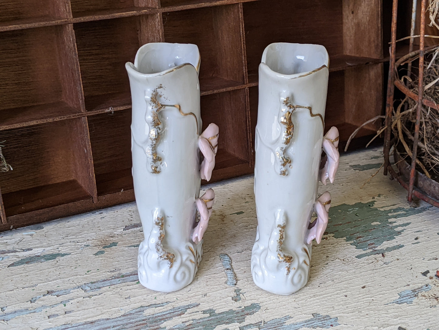 1940s Bud Vases Small Twin Set Pink Leaves Gold Highlights **A Thoughtful Gift