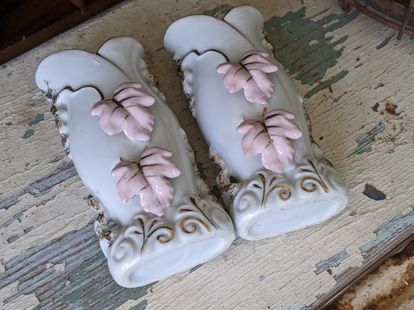 1940s Bud Vases Small Twin Set Pink Leaves Gold Highlights **A Thoughtful Gift