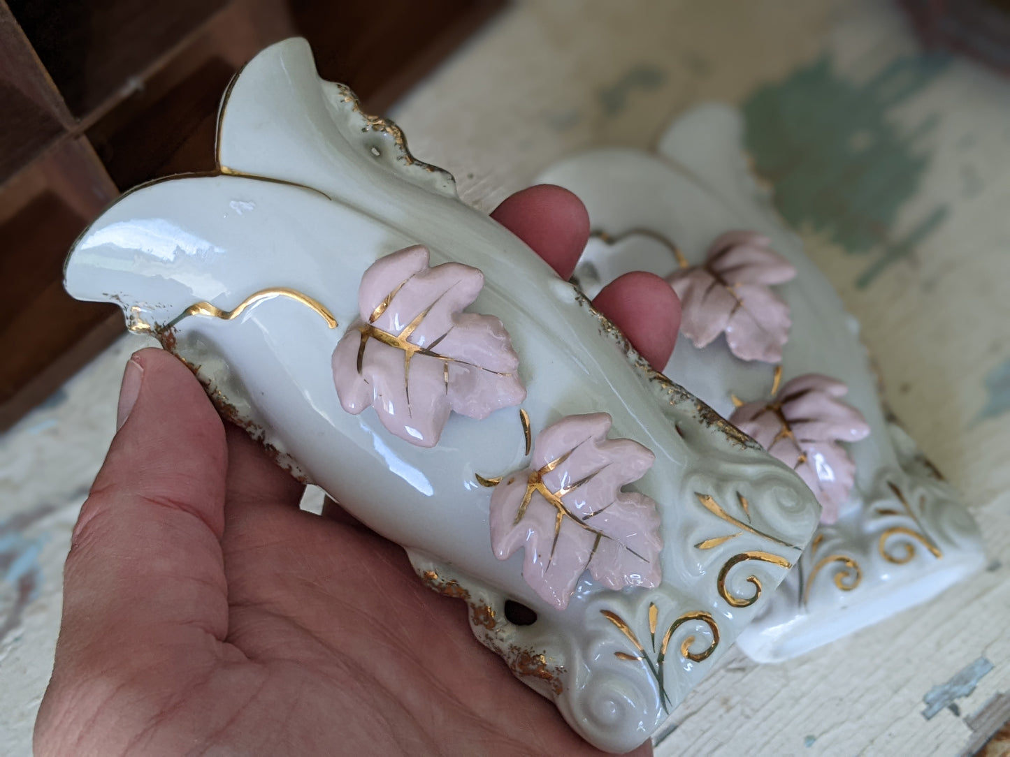 1940s Bud Vases Small Twin Set Pink Leaves Gold Highlights **A Thoughtful Gift