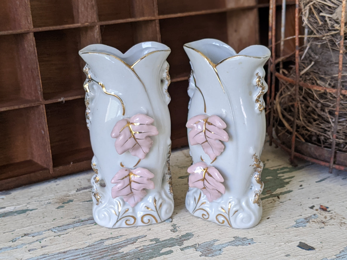1940s Bud Vases Small Twin Set Pink Leaves Gold Highlights **A Thoughtful Gift