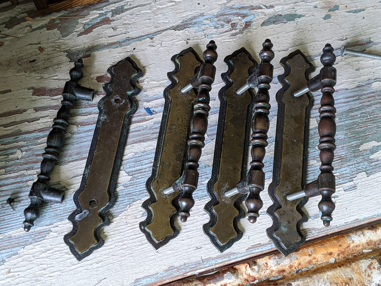 1970 Vintage National Lock Set of 4 Cabinet Bar Pull Handles w Backplates 3" Centers Antique Brass No. H6-3590