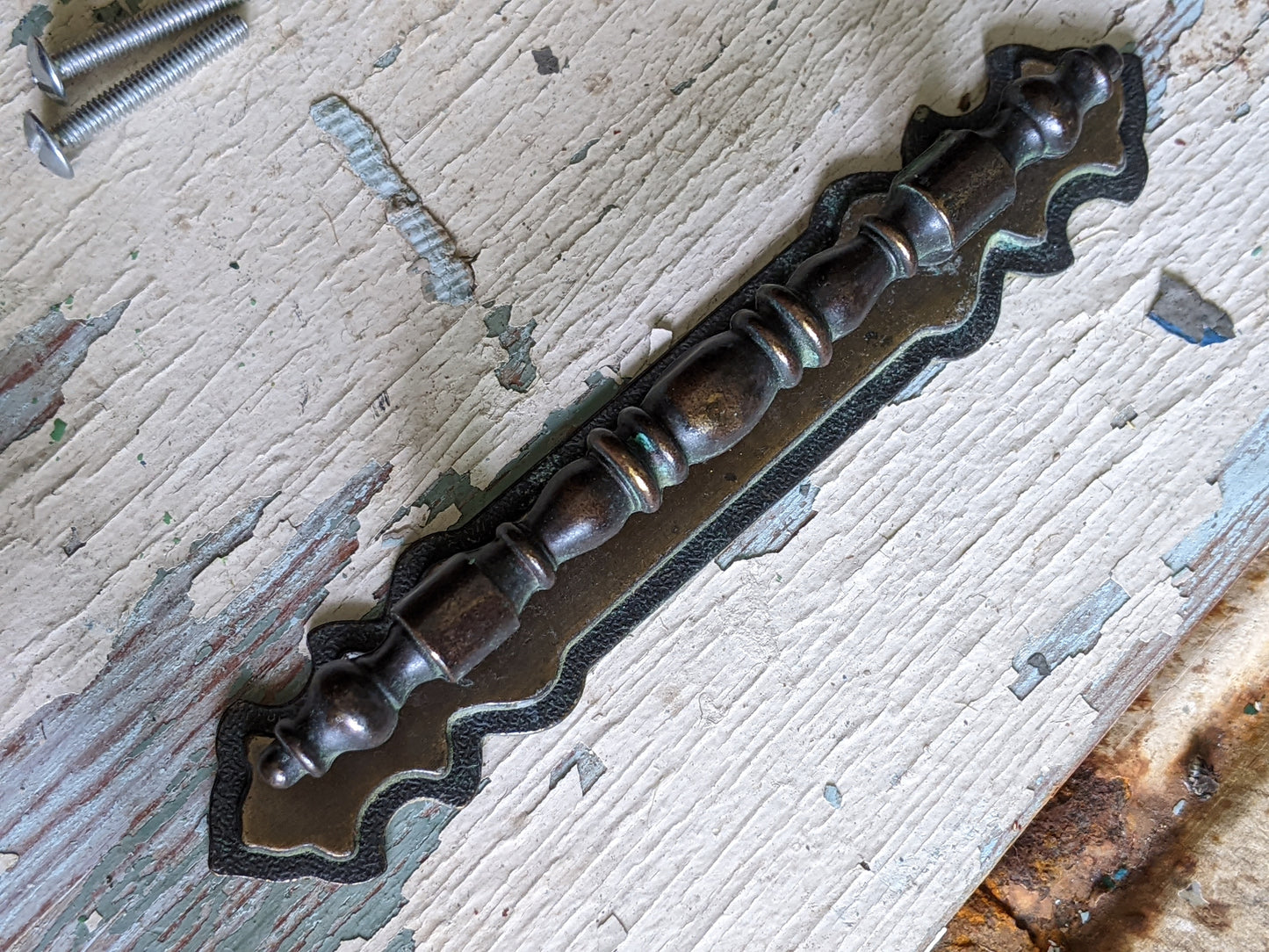 1970 Vintage National Lock Set of 4 Cabinet Bar Pull Handles w Backplates 3" Centers Antique Brass No. H6-3590