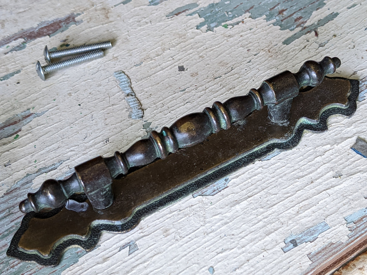 1970 Vintage National Lock Set of 4 Cabinet Bar Pull Handles w Backplates 3" Centers Antique Brass No. H6-3590