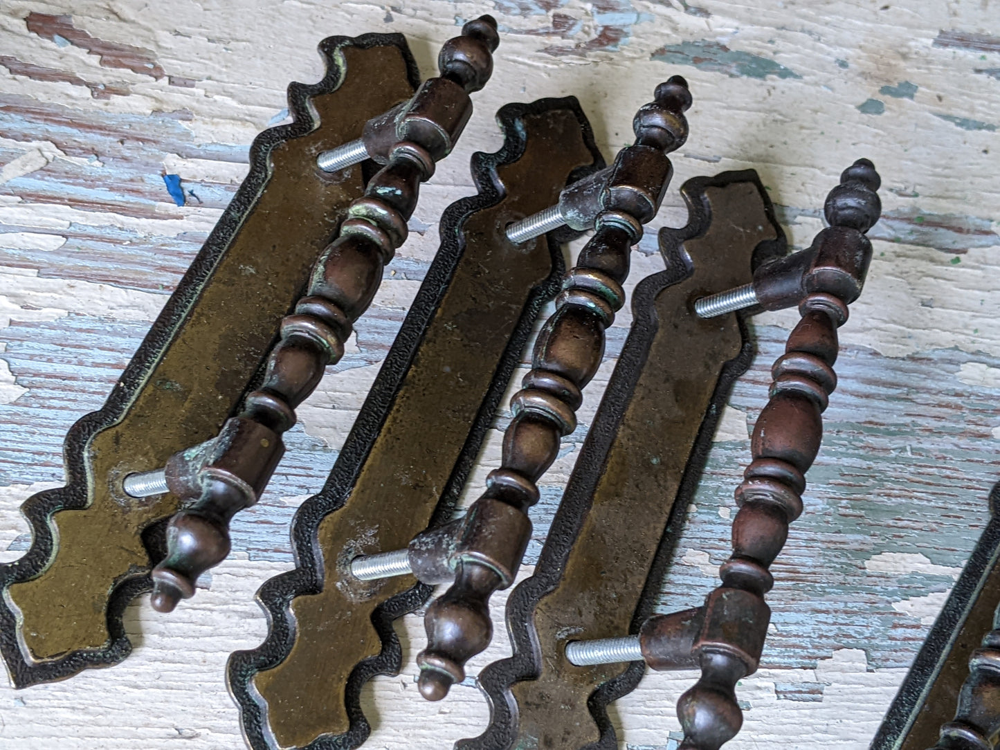 1970 Vintage National Lock Set of 4 Cabinet Bar Pull Handles w Backplates 3" Centers Antique Brass No. H6-3590