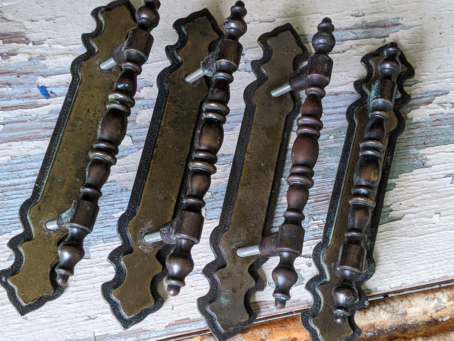 1970 Vintage National Lock Set of 4 Cabinet Bar Pull Handles w Backplates 3" Centers Antique Brass No. H6-3590