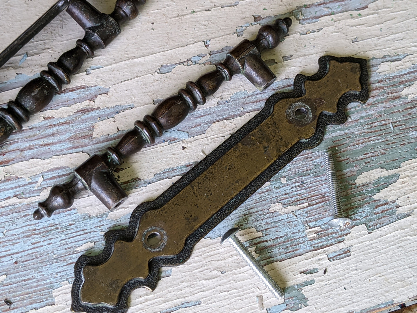 1970 Vintage National Lock Cabinet Bar Pull Handle Set of 2 w Backplate 3" Centers Antique Brass No. H6-3590